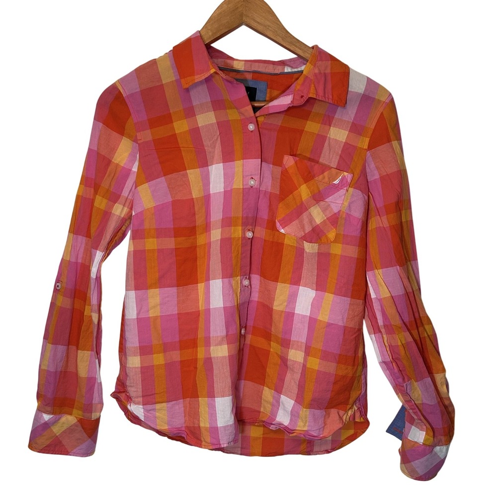 Nautica Jeans Brand Women's Plaid Button Down Shirt‎ Size Small Pink Red Orange